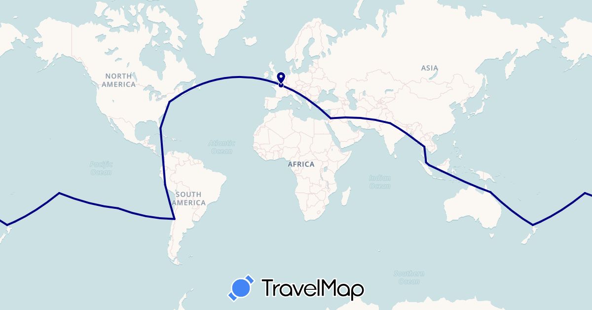 TravelMap itinerary: driving in Australia, Chile, France, India, Jordan, Malaysia, New Zealand, Peru, French Polynesia, Singapore, Thailand, United States (Asia, Europe, North America, Oceania, South America)